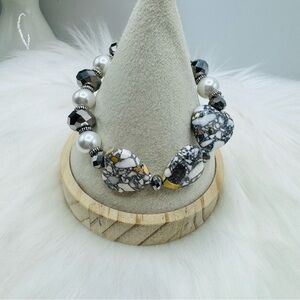 Heart Bracelet Stone Beaded White Gray Handmade  Stretch Bracelet